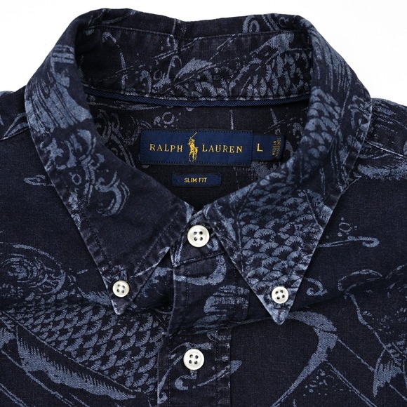 Polo Ralph Lauren Slim Fit Button Up Shirt Men's L Blue Koi Fish All Over Print - Picture 5 of 8